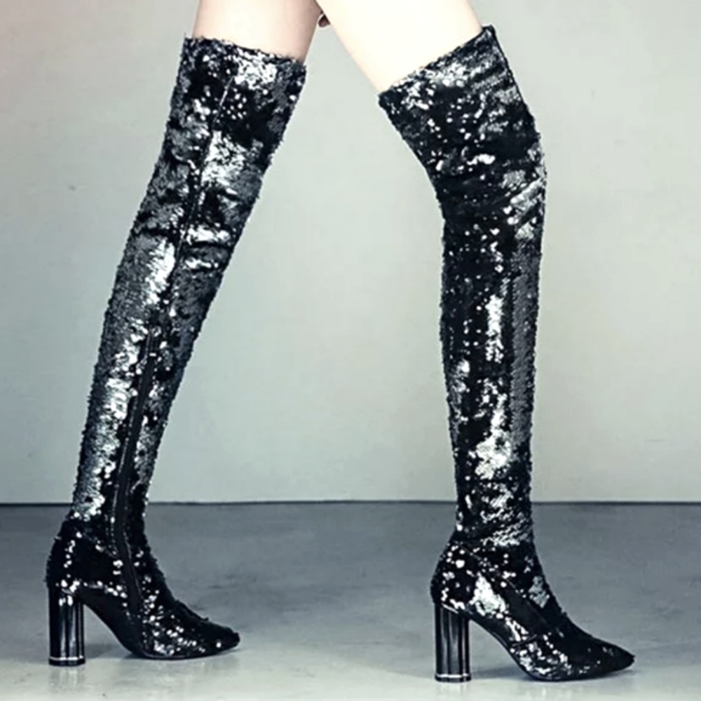 Blink Sequence,Tigh High Black Silver Winter Boots - image 1